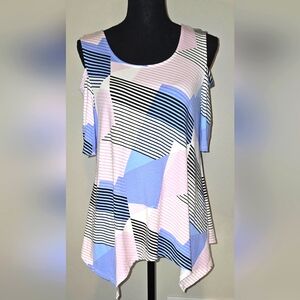 Adrianna Papell Scoop Neck Geometric Cold Shoulder Asymmetric Stretch Top